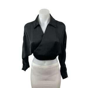 Zara Black Satin Satin Long Sleeve Wrap Cabana Cropped Shirt Blouse Top Size M